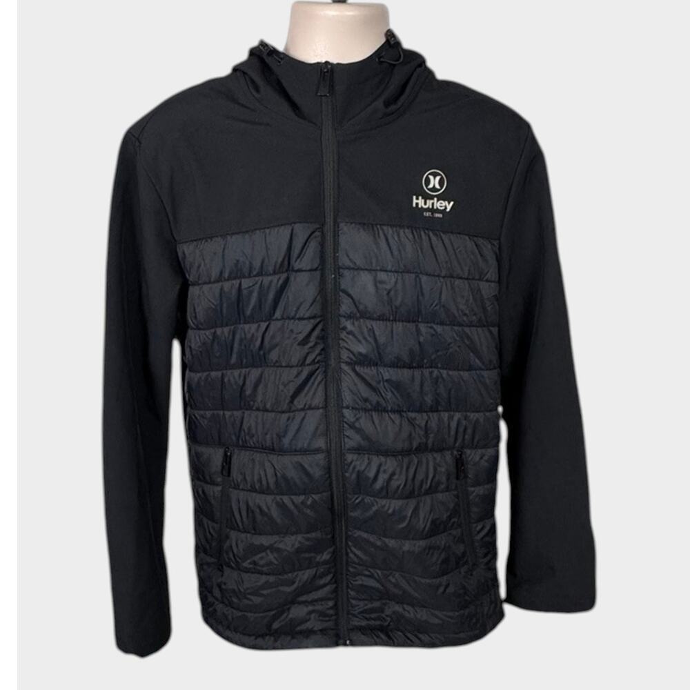 Hurley Mens Large Full Zip Black Softshell Puffer Jacket Hooded